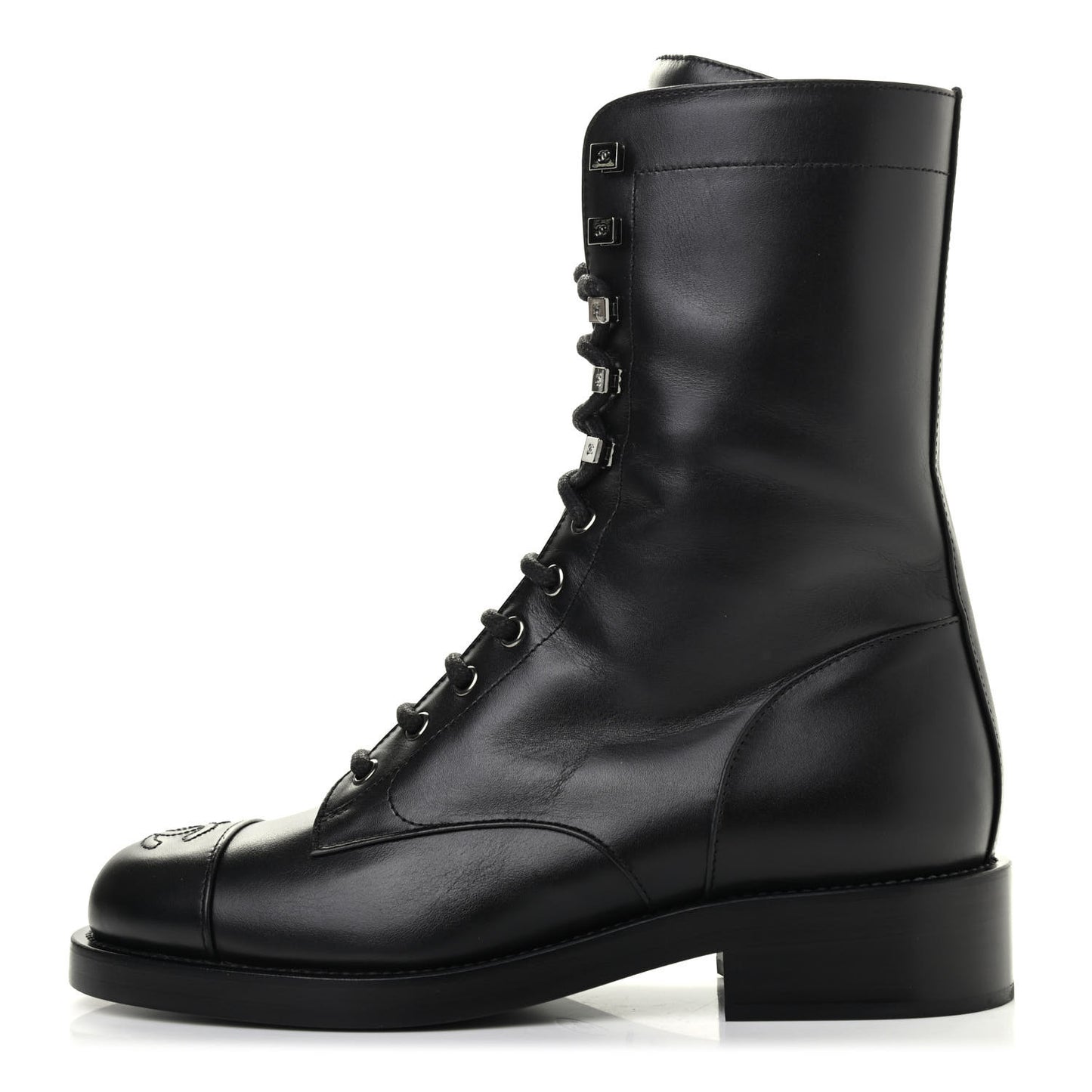 Calfskin Lace Up Combat Boots 38.5 Black