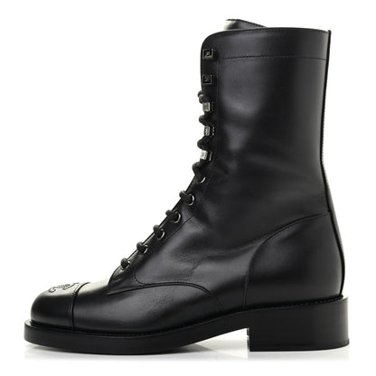 Chanel Calfskin Lace Up Combat Boots 38.5 Black 1 of 10