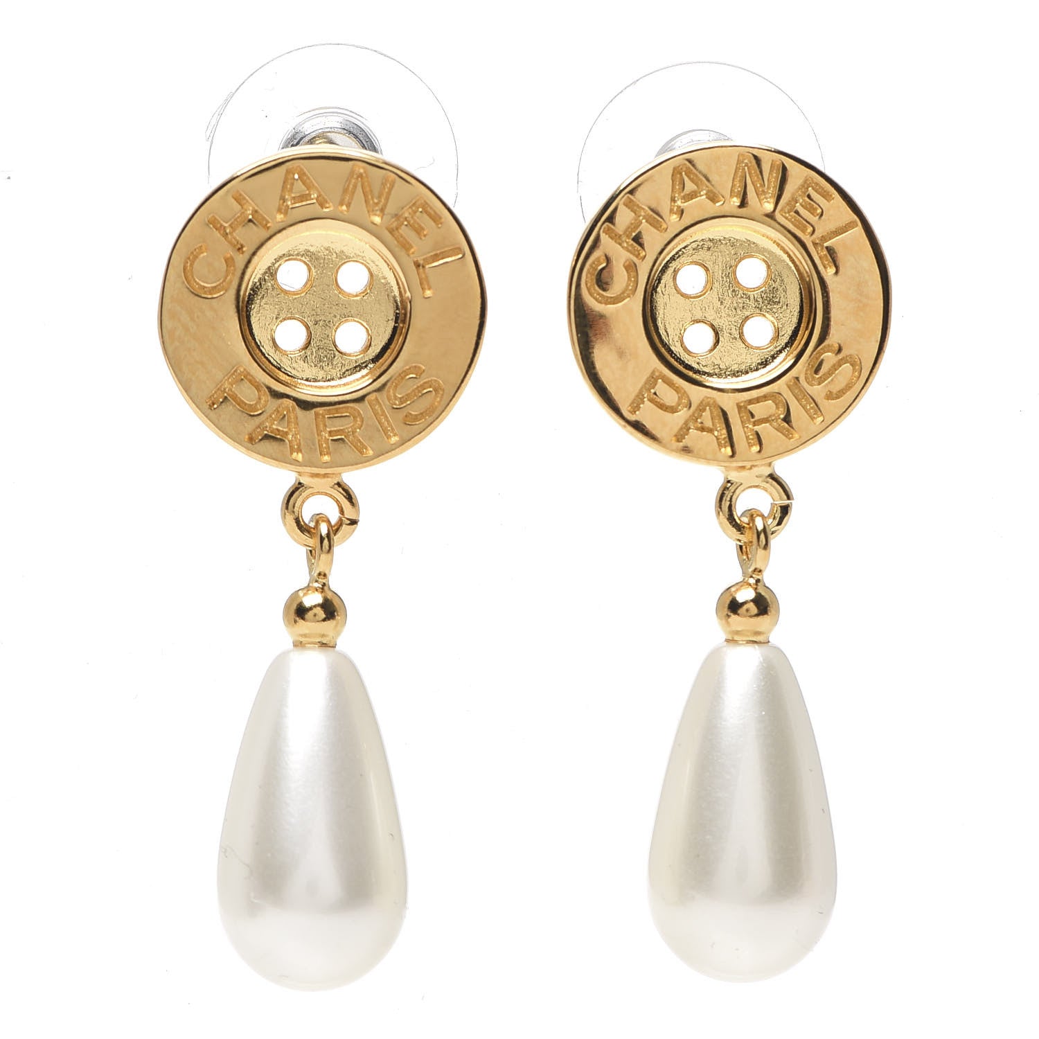 Chanel Metal Pearl Paris Button Drop Earrings Gold 1 of 4