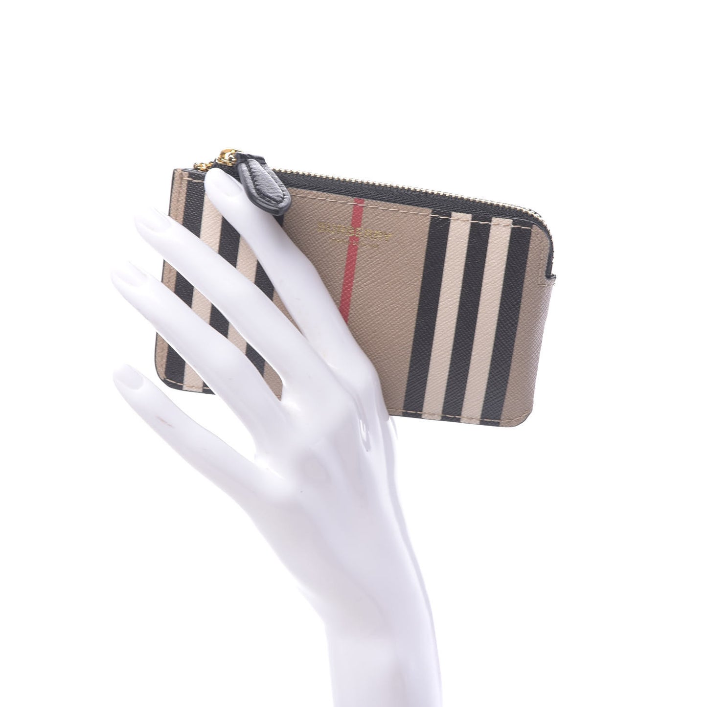 E-Canvas Calfskin Icon Stripe Zip Coin Case Archive Beige
