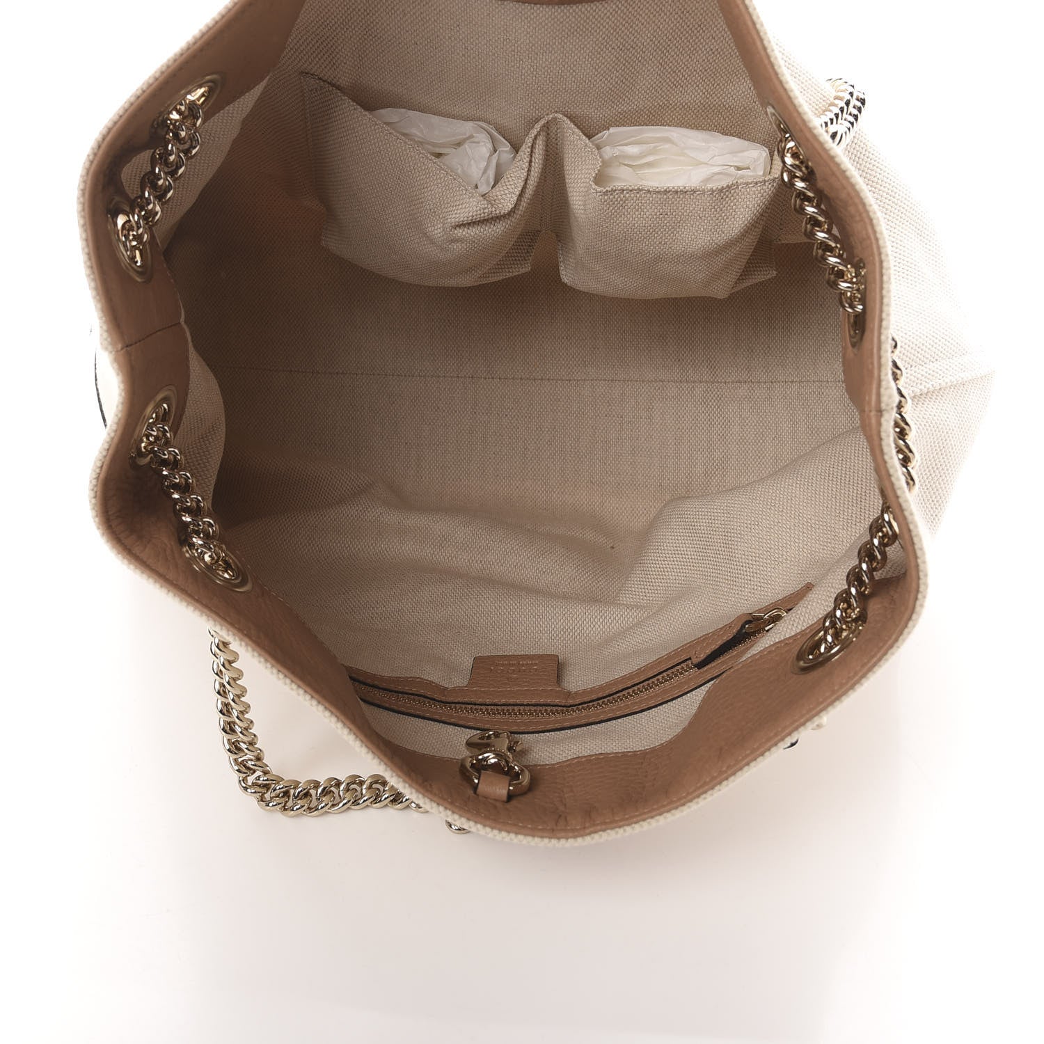 Gucci Linen Canvas Pebbled Calfskin Medium Soho Chain Shoulder Bag White Camelia 5 of 10