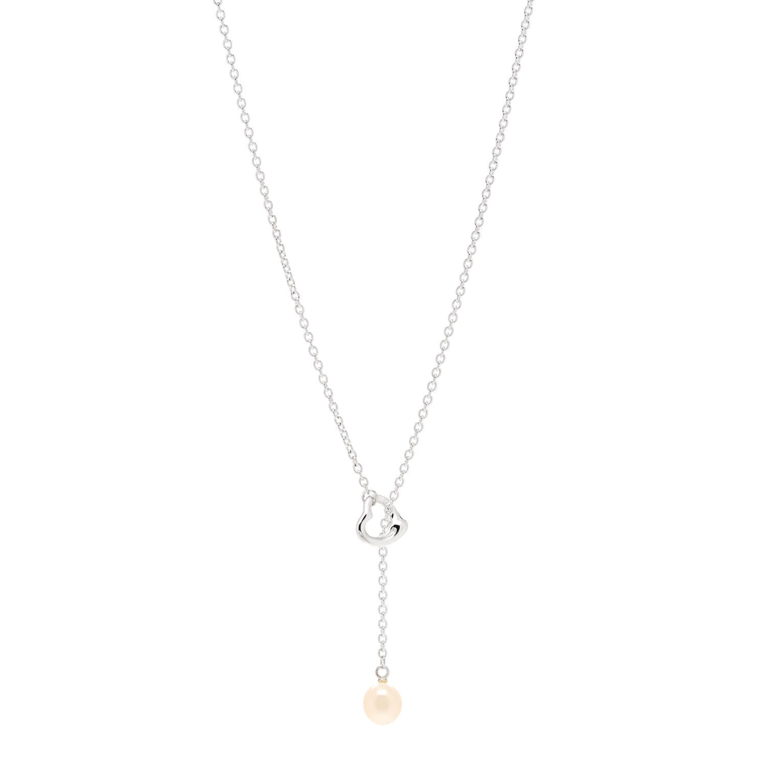 Tiffany Sterling Silver Pearl 7.5-8mm Elsa Peretti Open Heart Lariat Necklace 1 of 5