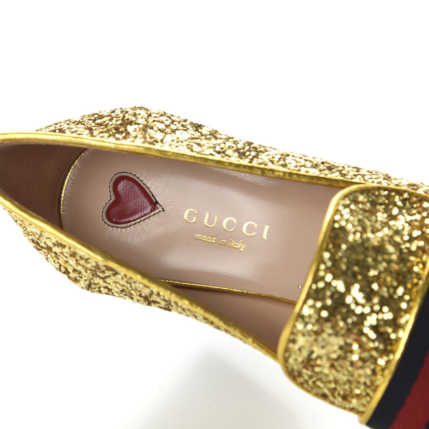 Gucci Glitter Nappa Web Peyton 75mm Loafer Pumps 36.5 Oro Vecchio 6 of 9