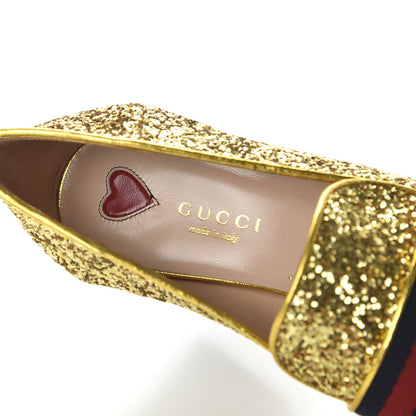 Gucci Glitter Nappa Web Peyton 75mm Loafer Pumps 36.5 Oro Vecchio 6 of 9