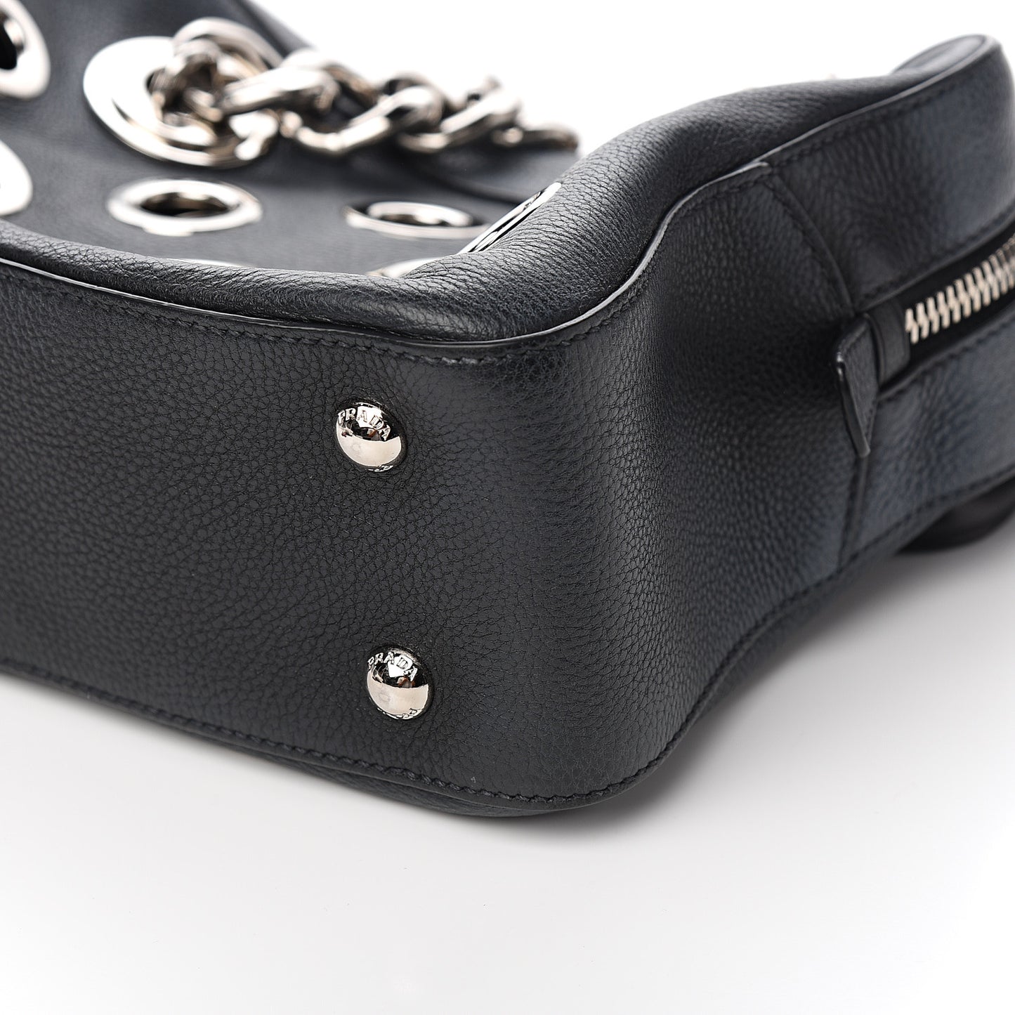 Vitello Daino Grommet Chain Satchel Bag Black