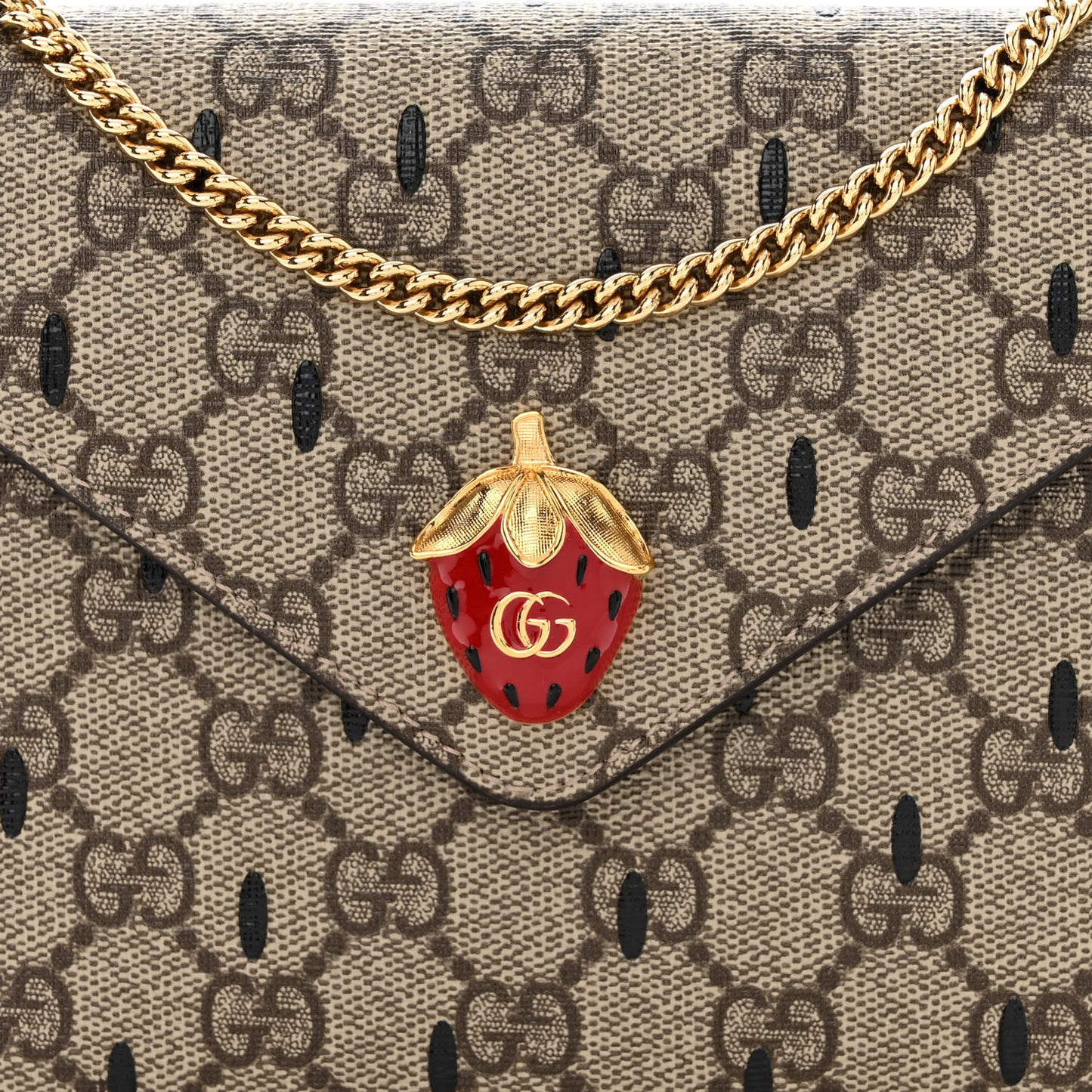 GG Supreme Monogram Strawberry Seed Textured Dollar Calfskin Enamel Double G Strawberry Wallet On Chain Beige Ebony Black New Acero Hibiscus Red