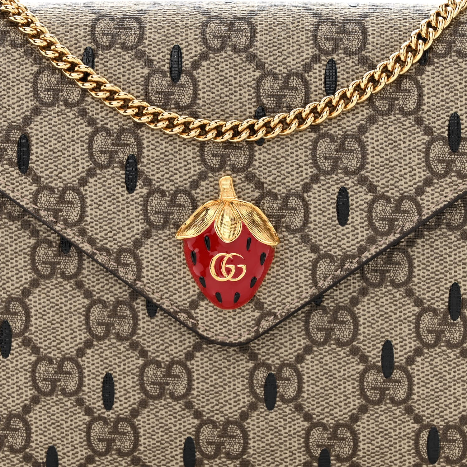 Gucci GG Supreme Monogram Strawberry Seed Textured Dollar Calfskin Enamel Double G Strawberry Wallet On Chain Beige Ebony Black New Acero Hibiscus Red 8 of 10