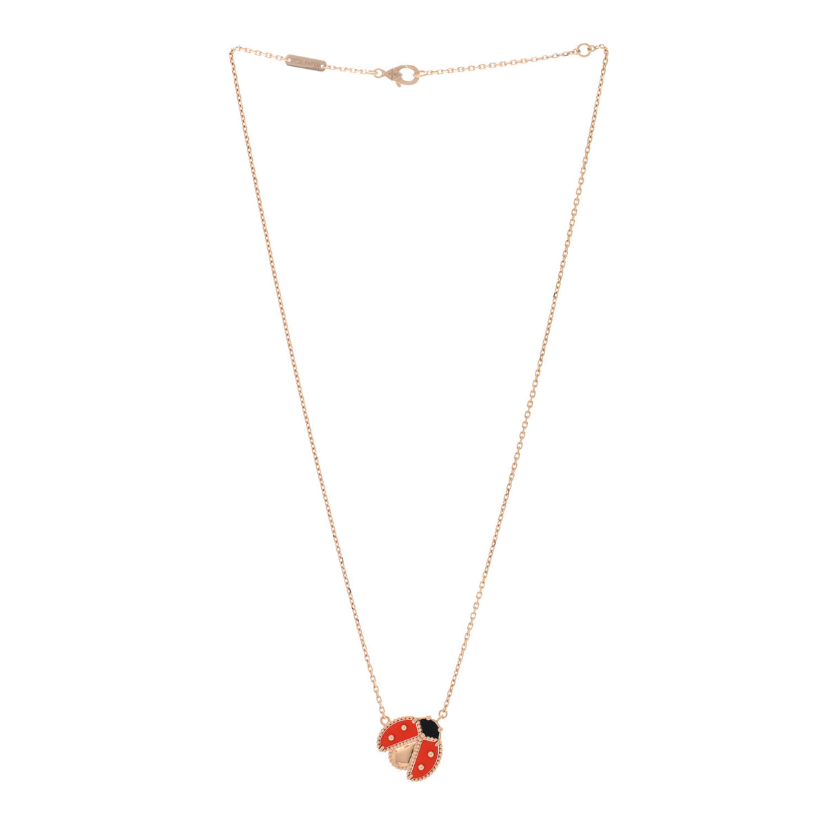 18K Rose Gold Carnelian Black Onyx Lucky Spring Open Wings Lady Bug Pendant Necklace