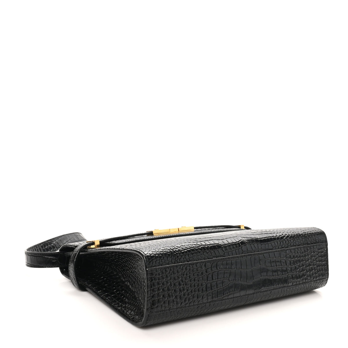 Saint Laurent Shiny Calfskin Crocodile Embossed Manhattan Baguette Black 4 of 9