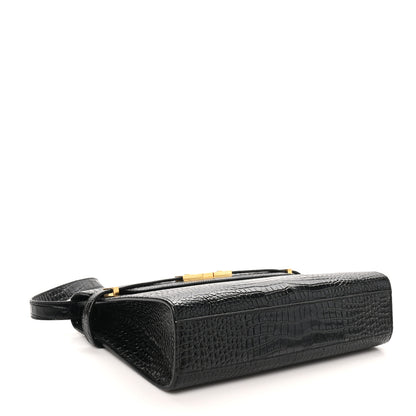 Saint Laurent Shiny Calfskin Crocodile Embossed Manhattan Baguette Black 4 of 9