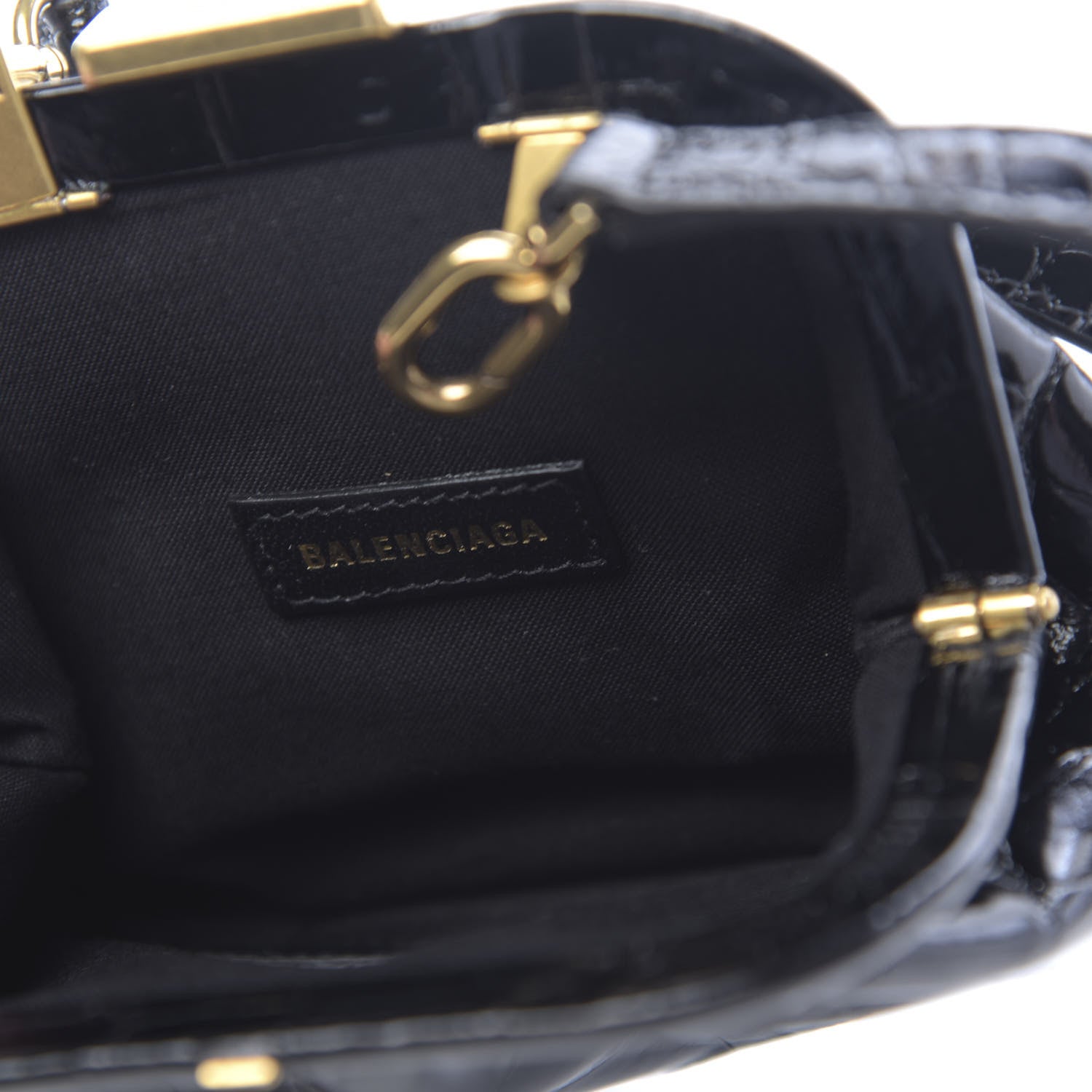 Balenciaga Shiny Supple Calfskin Logo Crocodile Embossed Cloud Coin Purse With Strap Black White 6 of 11