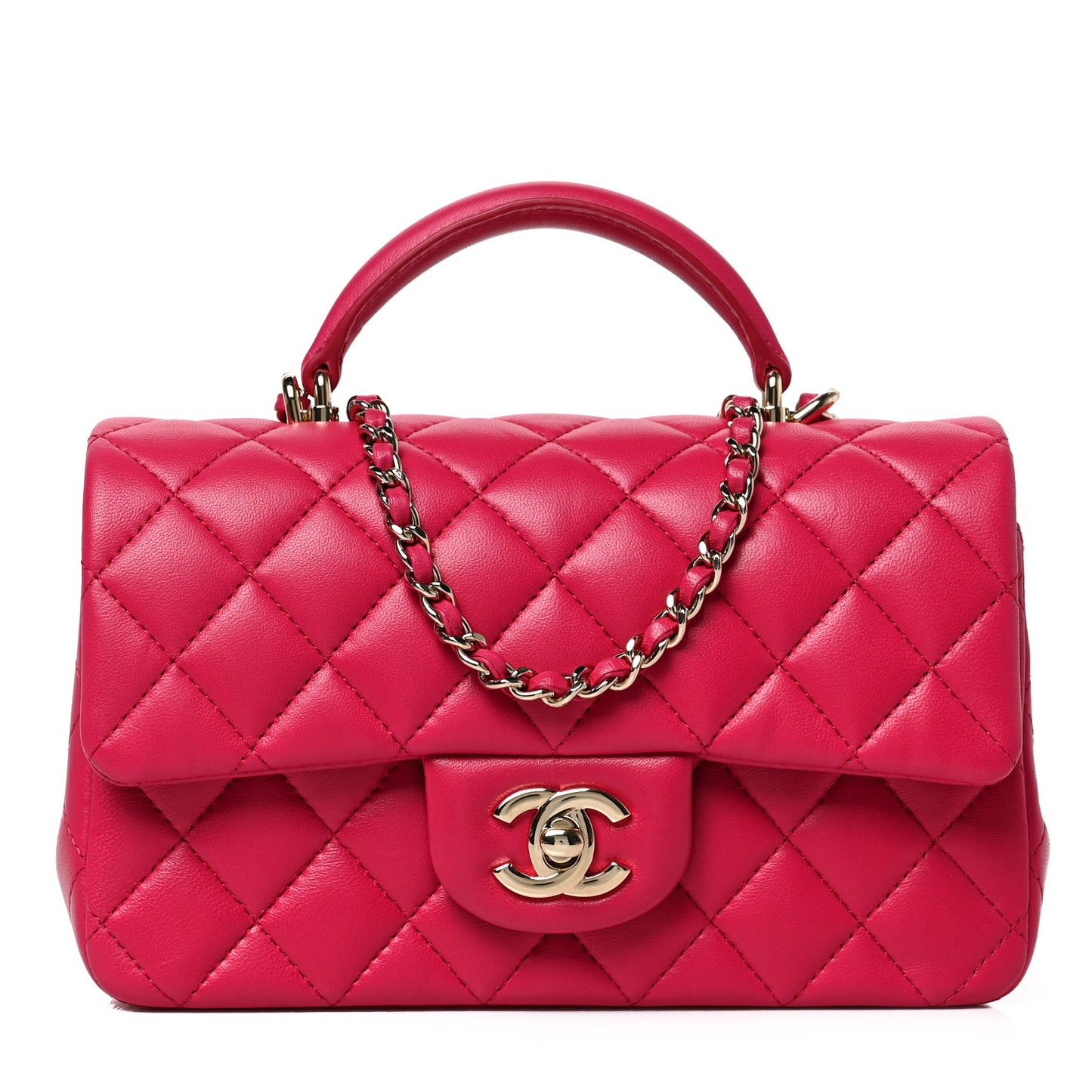 Lambskin Quilted Mini Top Handle Rectangular Flap Dark Pink