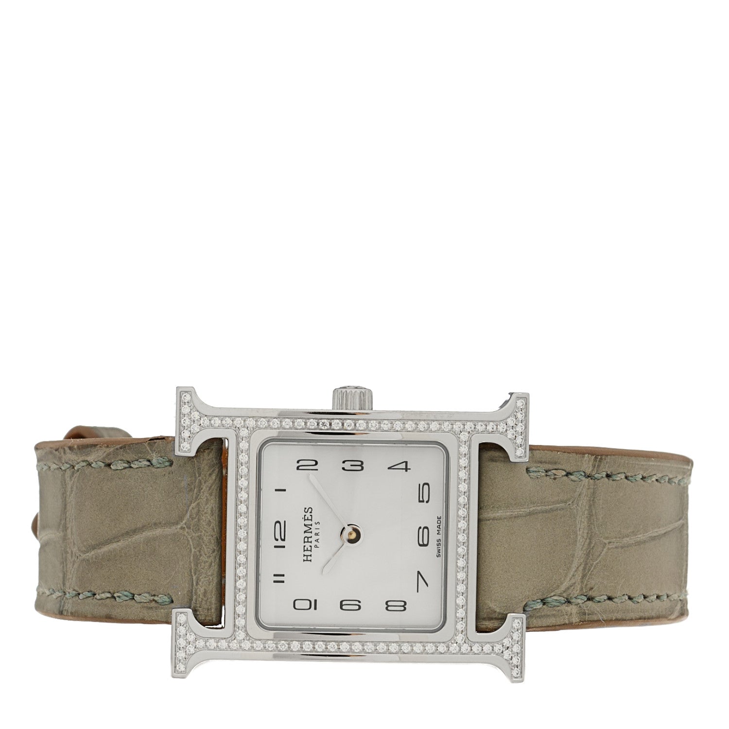 Hermes Stainless Steel Alligator Diamond Bezel Mother of Pearl 21mm Heure H Hour Quartz Watch Gris Perle 2 of 5