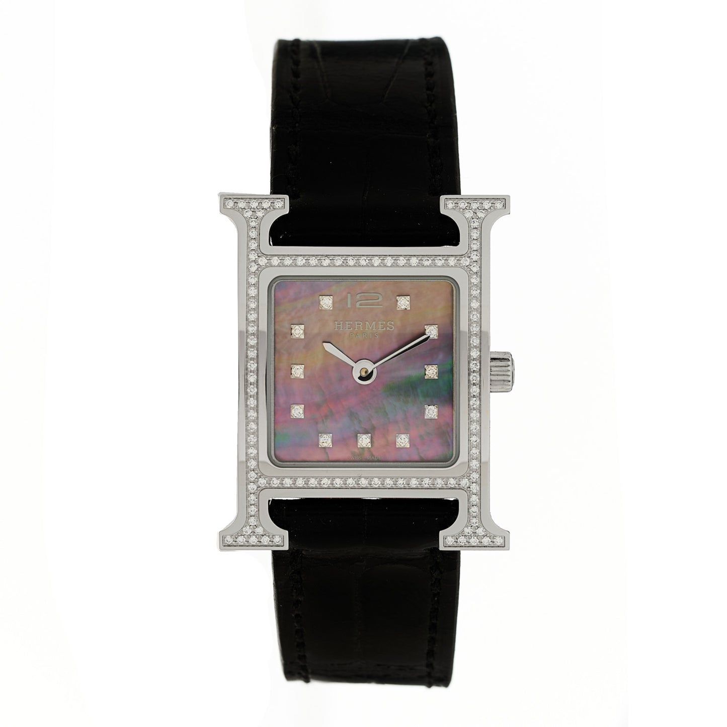 Stainless Steel Alligator Diamond Bezel Black Mother of Pearl 17.2mm Heure H Hour Quartz Watch Graphite