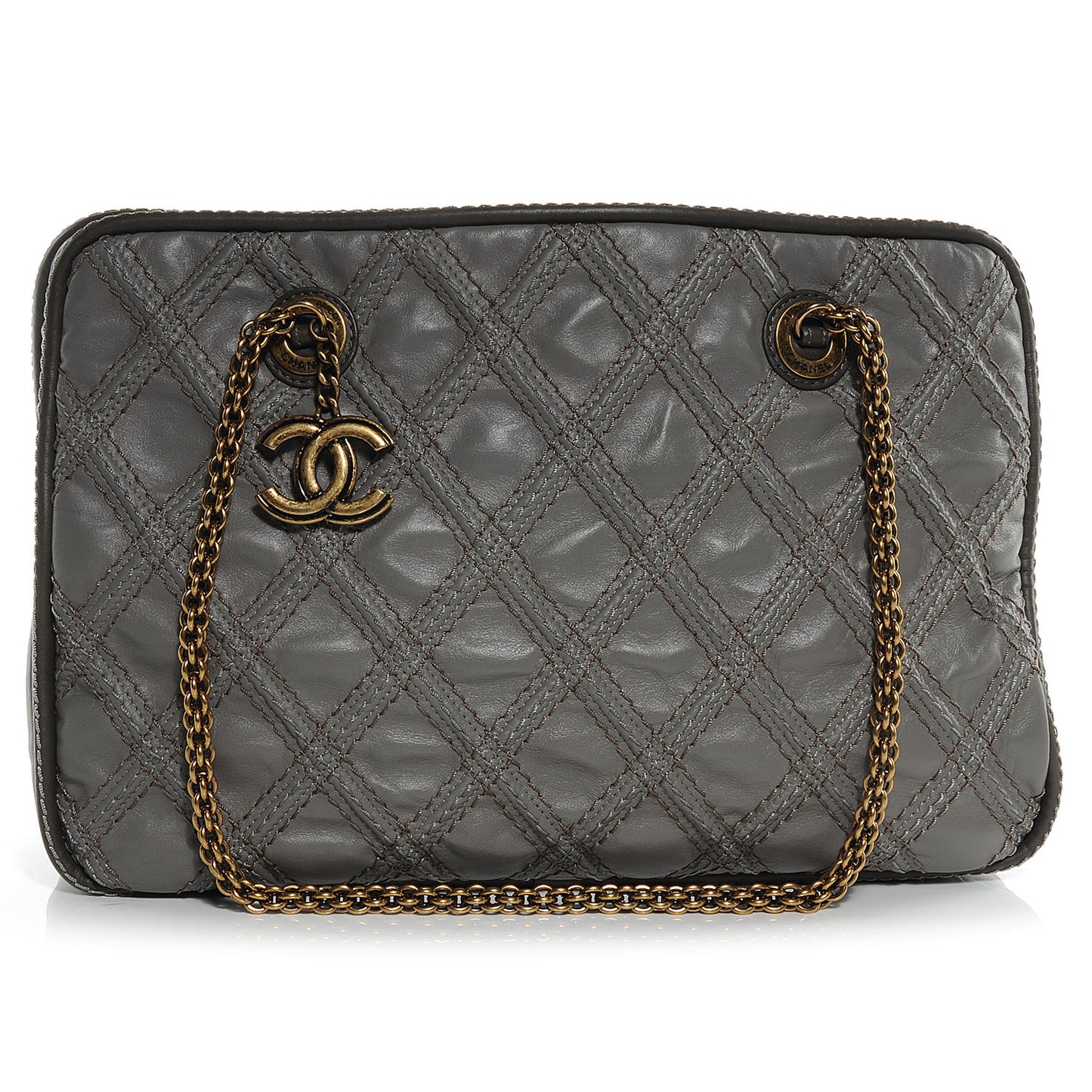 Calfskin Quilted Stitch Triptych Tote Grey