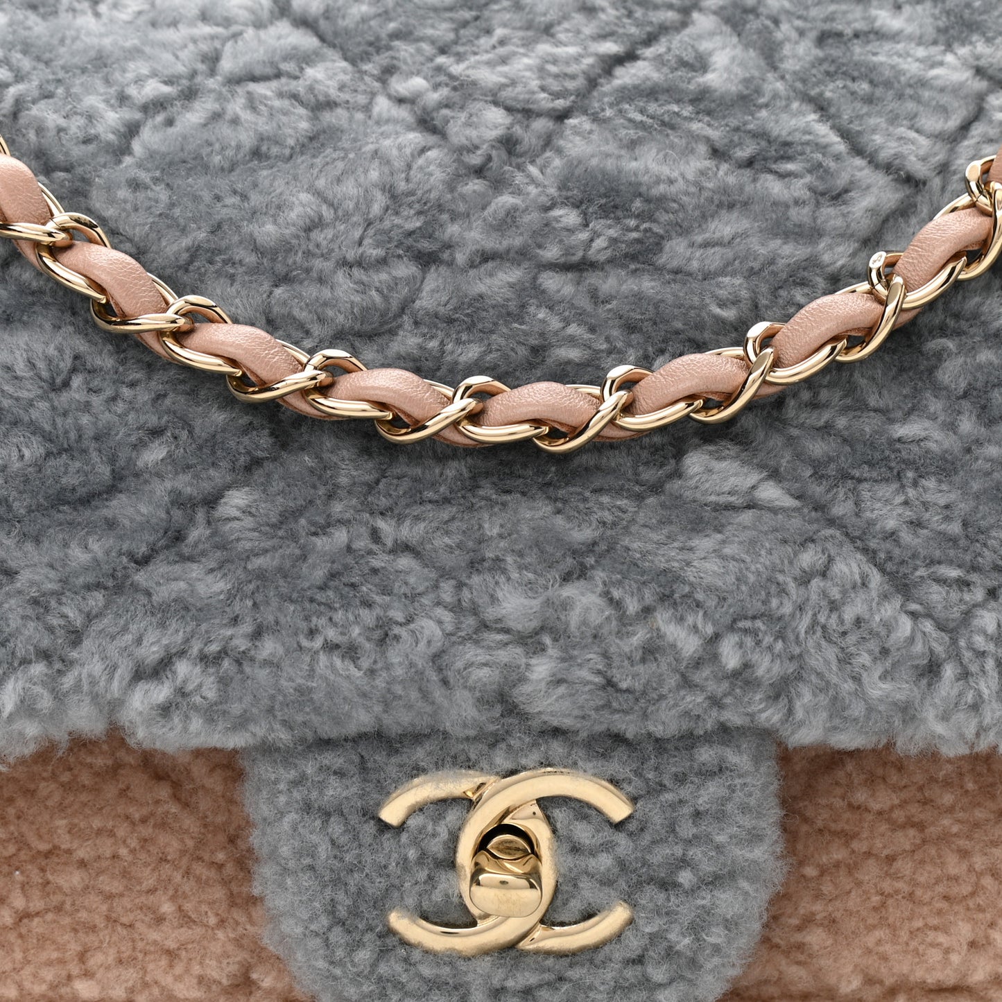 Shearling Sheepskin Single Flap Gray Pink Beige