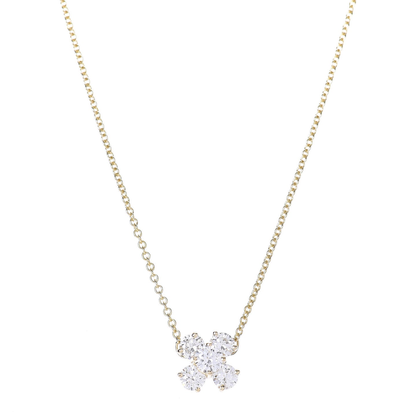 18K Yellow Gold Five Diamond Flower Cluster Pendant Necklace