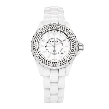 Chanel Stainless Steel Ceramic Diamond Pave Bezel 33mm J12 Quartz Watch White 1 of 5