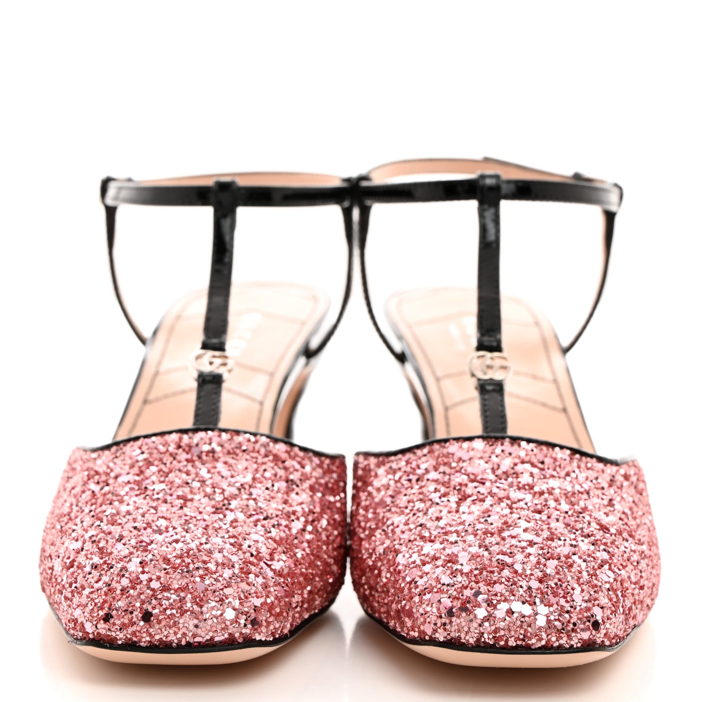 Calfskin Glitter Double G 55mm Slingback Pumps 38 Black Pink Glitter