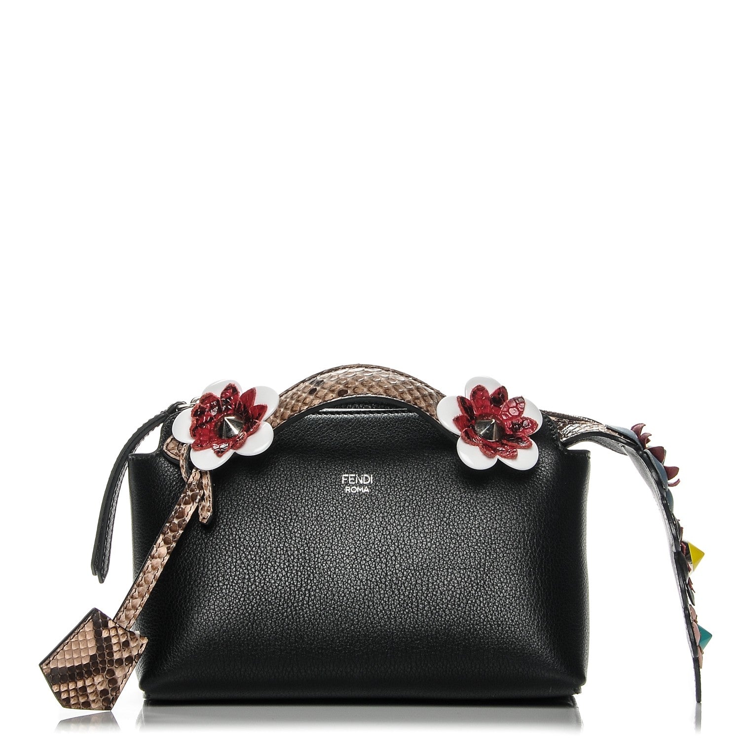 Fendi Vitello Dolce Snakeskin Nappa Croc Tail Flowerland Studded Mini By The Way Boston Bag Black Natural Multicolor 1 of 5