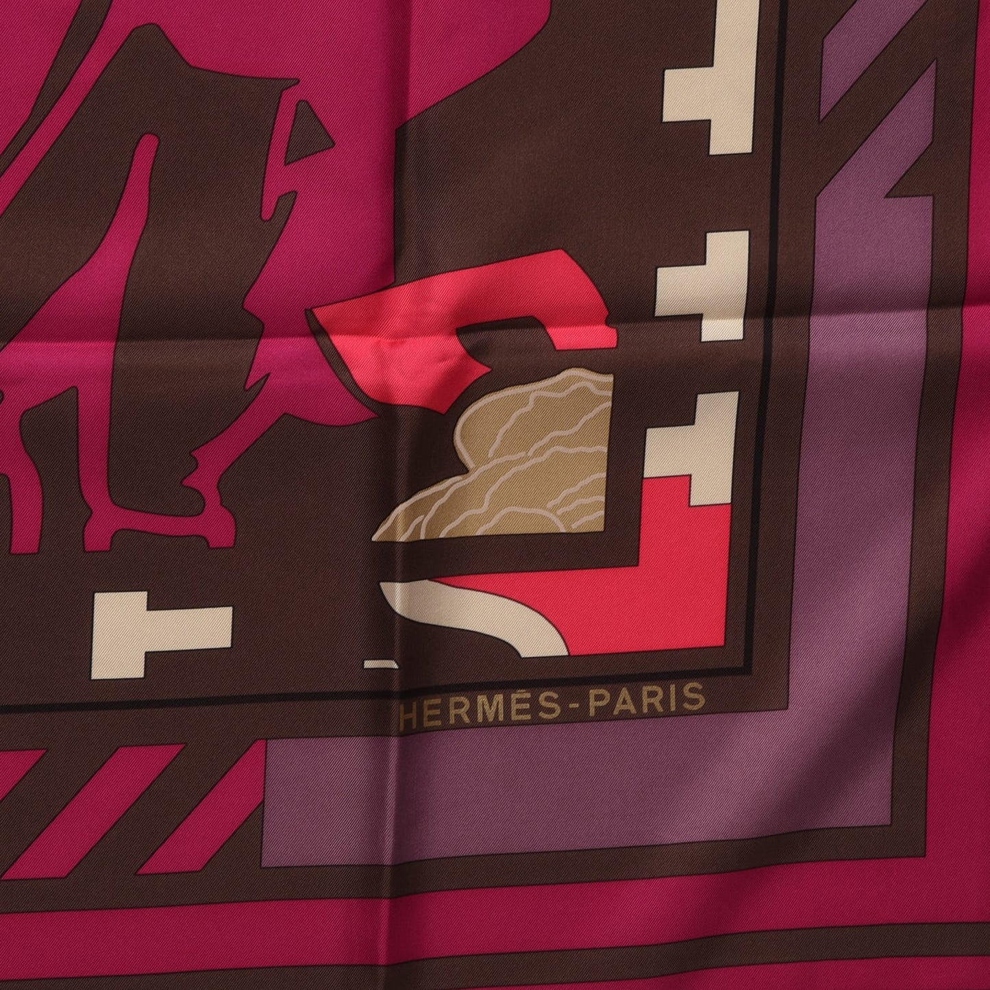 Silk Puzzle Scarf 90 Marron Glace Rose Cassis