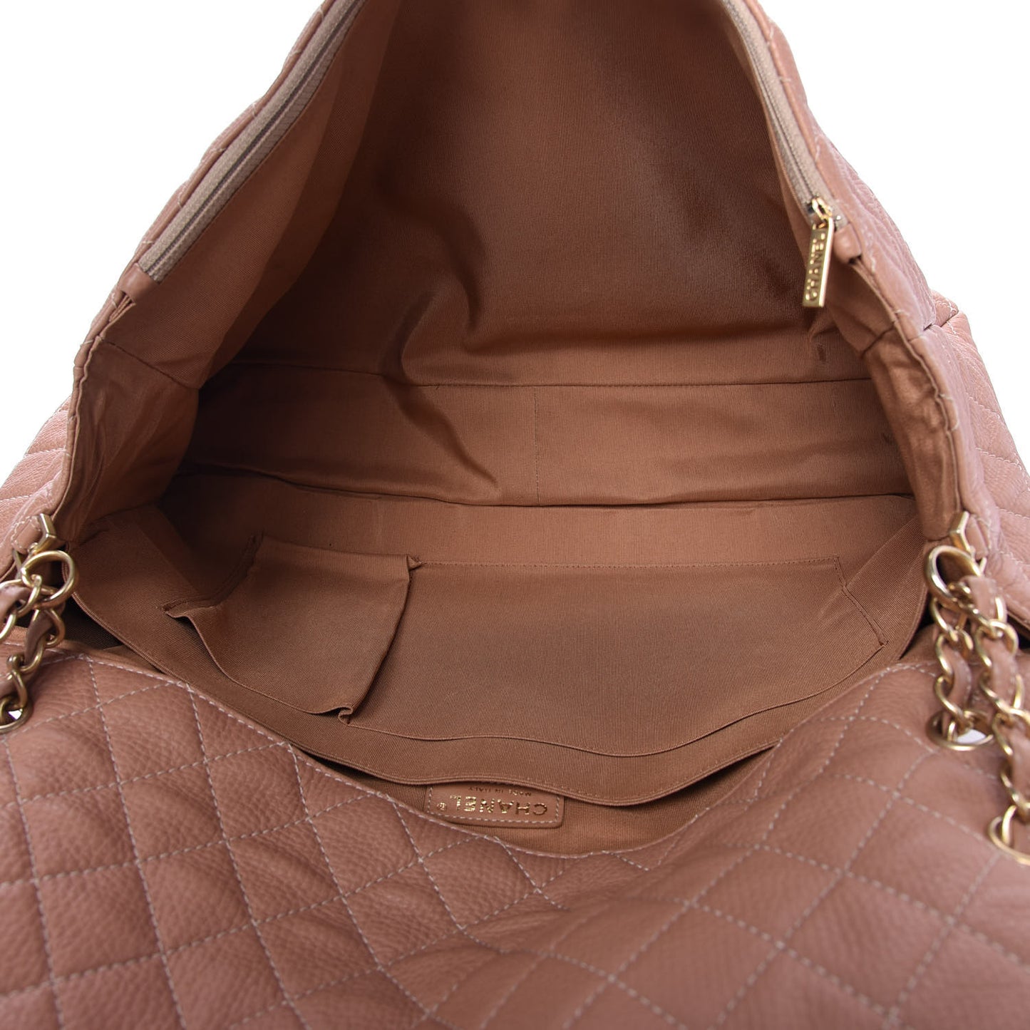 Calfskin Quilted XXL Travel Flap Bag Camel