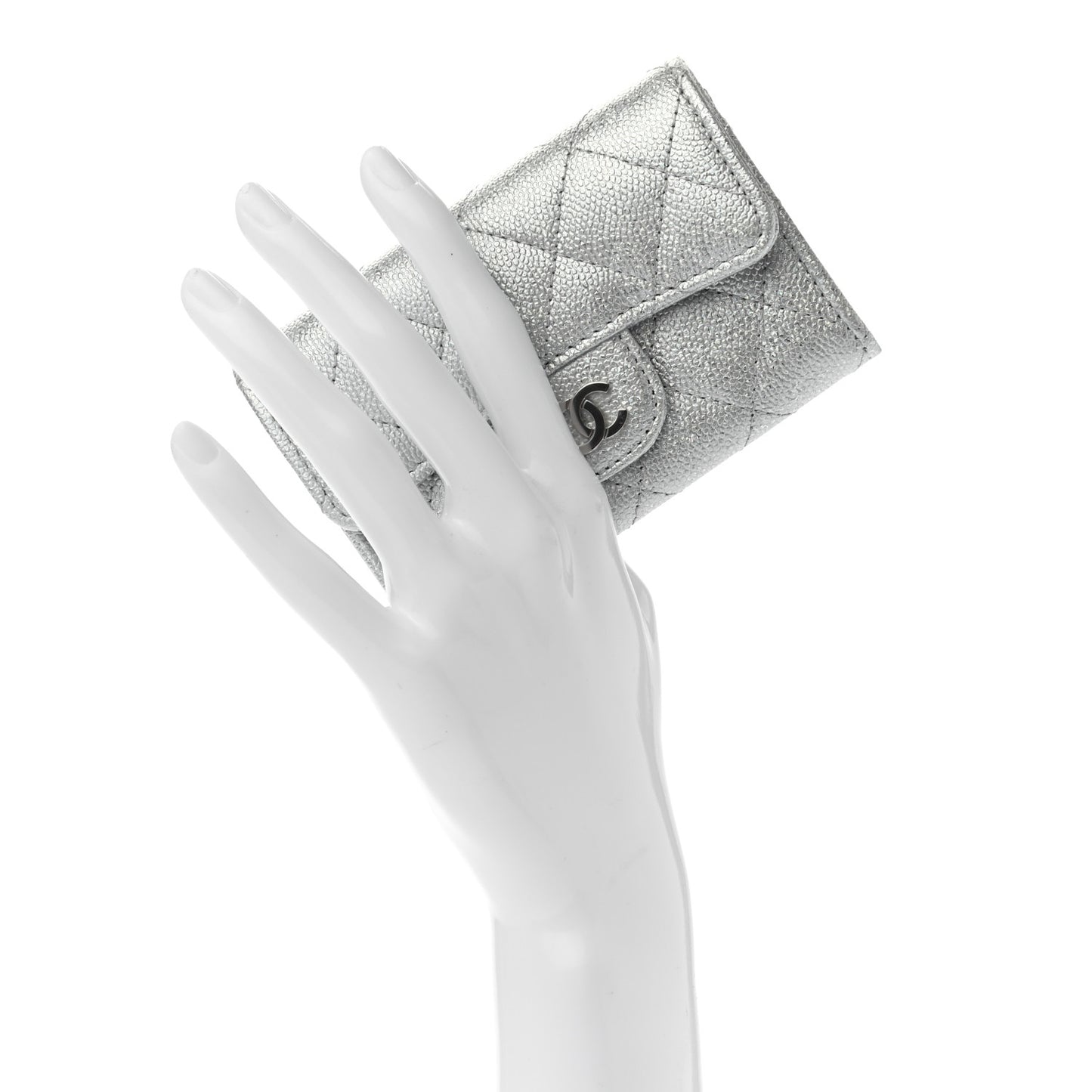 Glittered Metallic Caviar Quilted Flap Card Holder Wallet Silver
