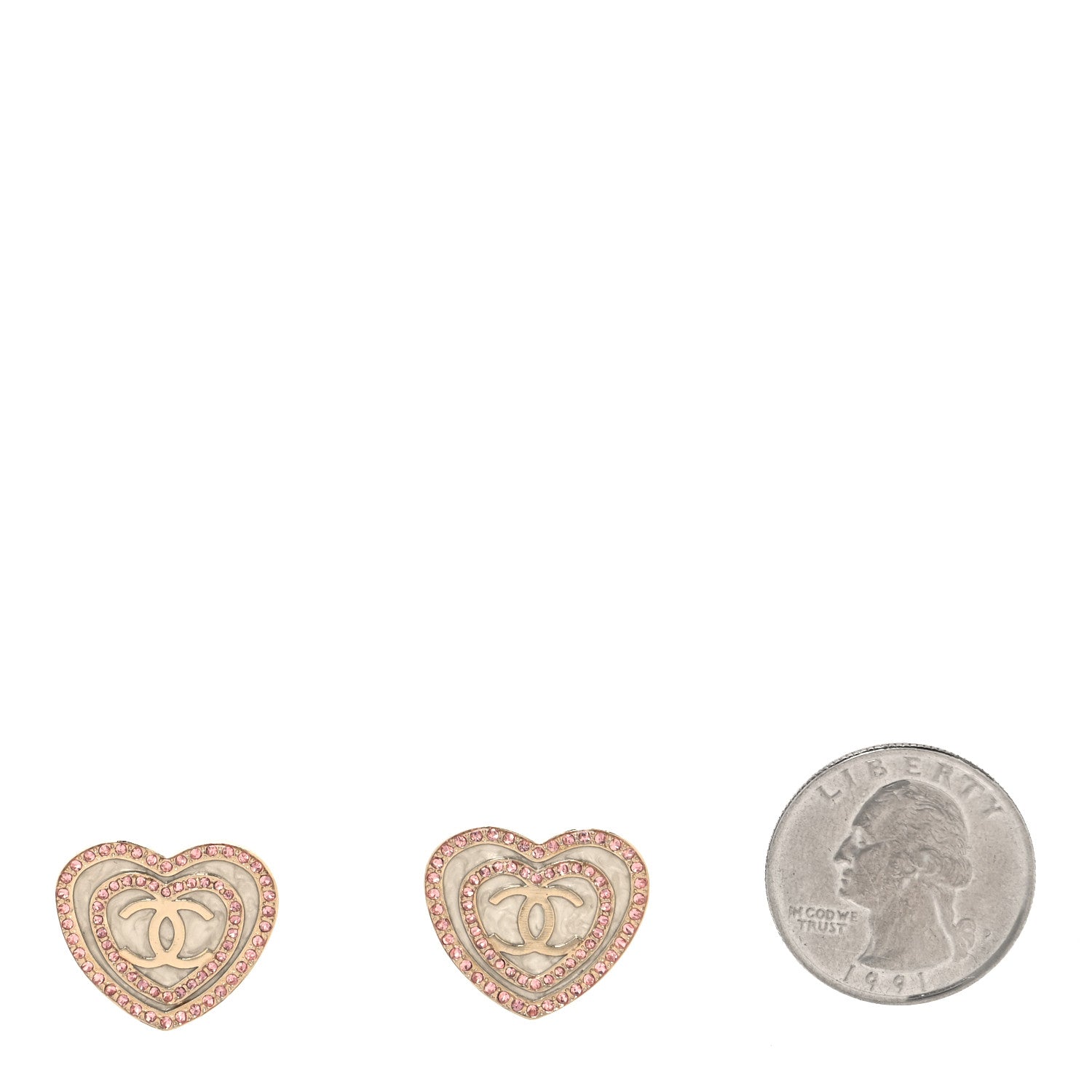 Chanel Crystal CC Resin Heart Earrings Gold Pink White 2 of 5