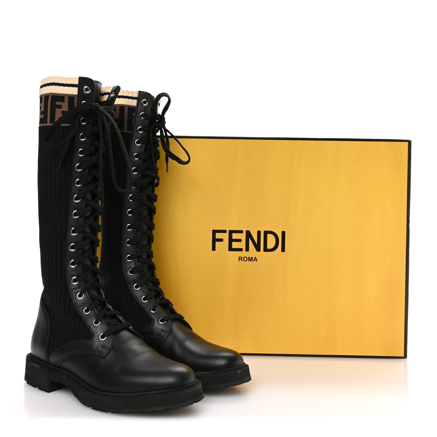 Calfskin Stretch Fabric FF Rockoko Tall Biker Boots 37 Tobacco Black Marino