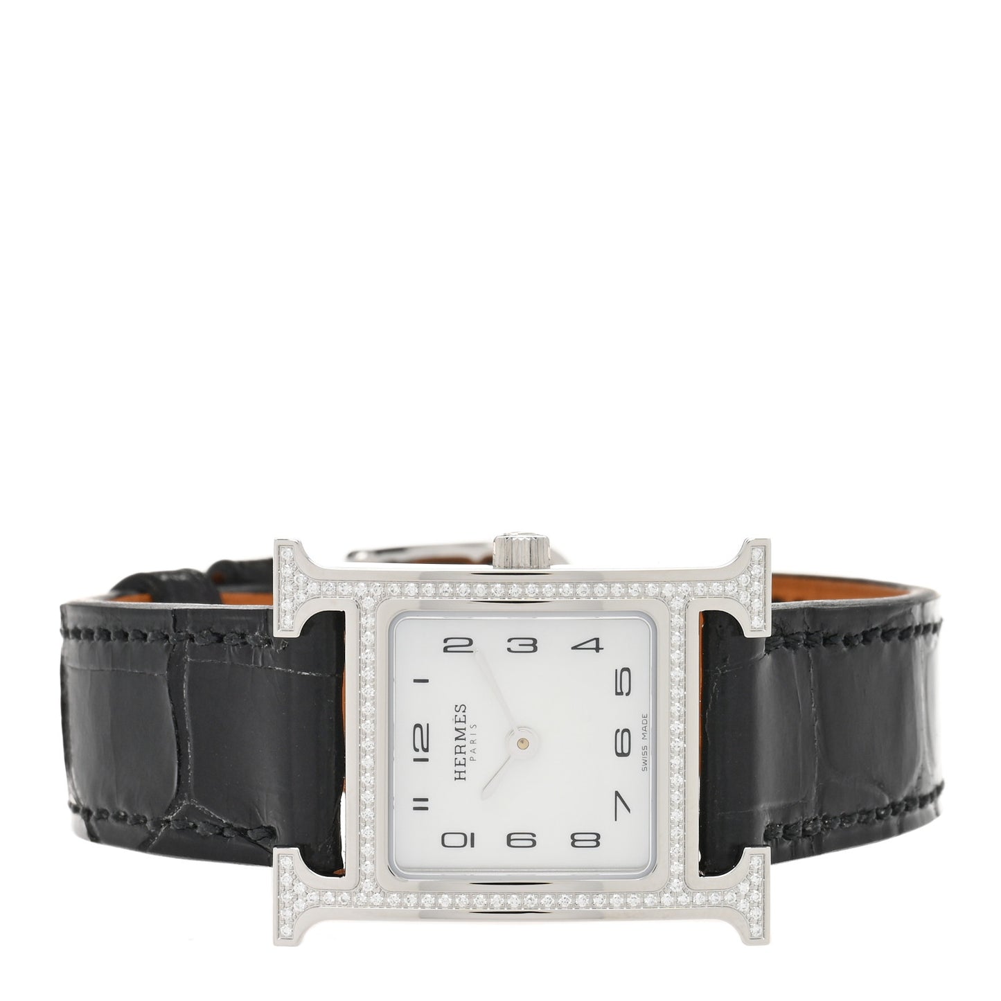 Stainless Steel Alligator Diamond Bezel Mother of Pearl 21mm Heure H Hour Quartz Watch Noir