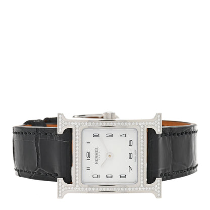 Hermes Stainless Steel Alligator Diamond Bezel Mother of Pearl 21mm Heure H Hour Quartz Watch Noir 2 of 4
