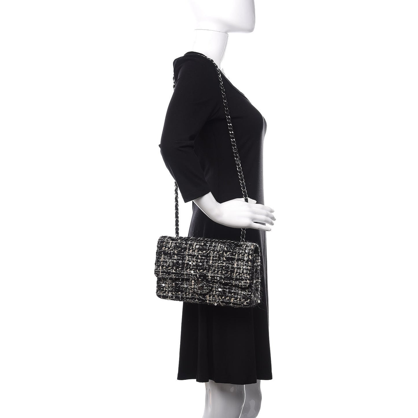 Tweed Sequin Quilted Medium Double Flap Black
