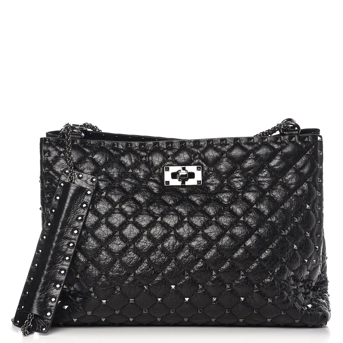 Craquele Nappa Rockstud Spike Shoulder Tote Black