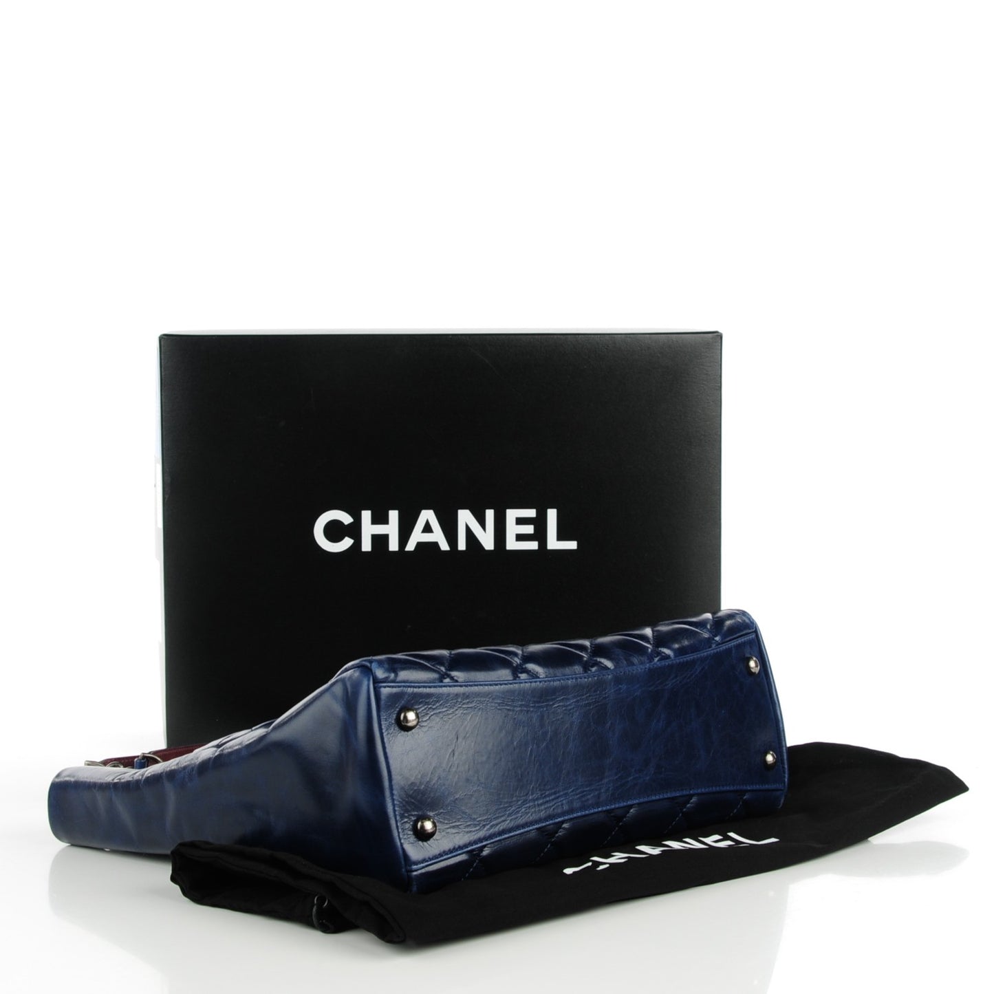 Glazed Calfskin Quilted Small Duo Color Tote Dark Navy Blue