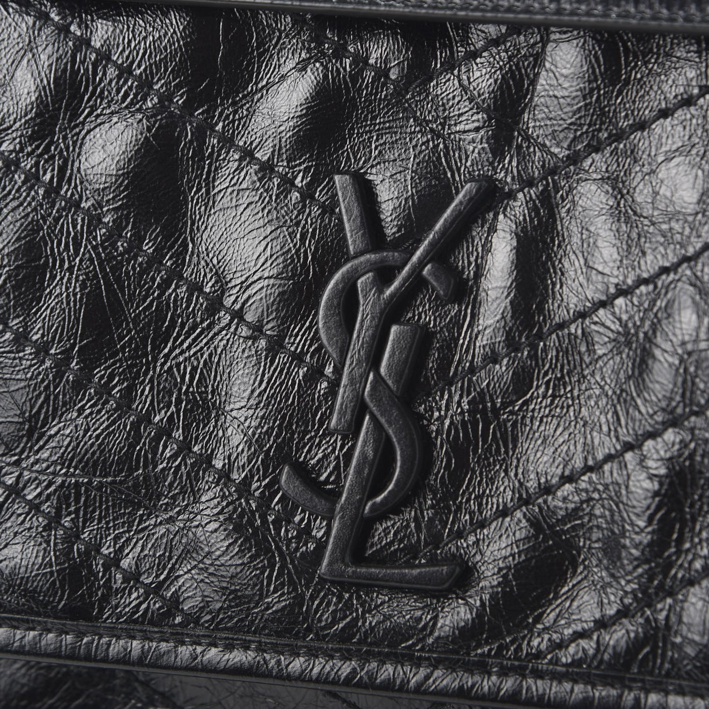 Crinkled Calfskin Matelasse Monogram Medium Niki Chain Satchel Black