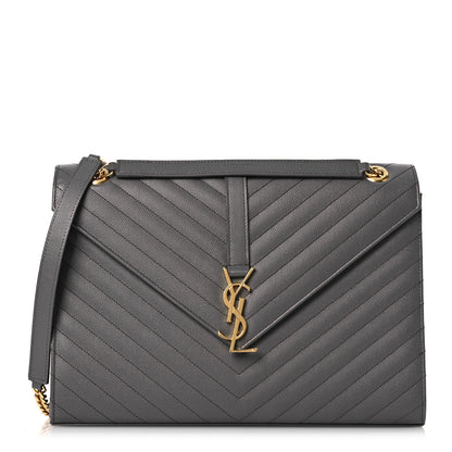 Saint Laurent Grain De Poudre Matelasse Chevron Large Monogram Satchel Earth 1 of 14