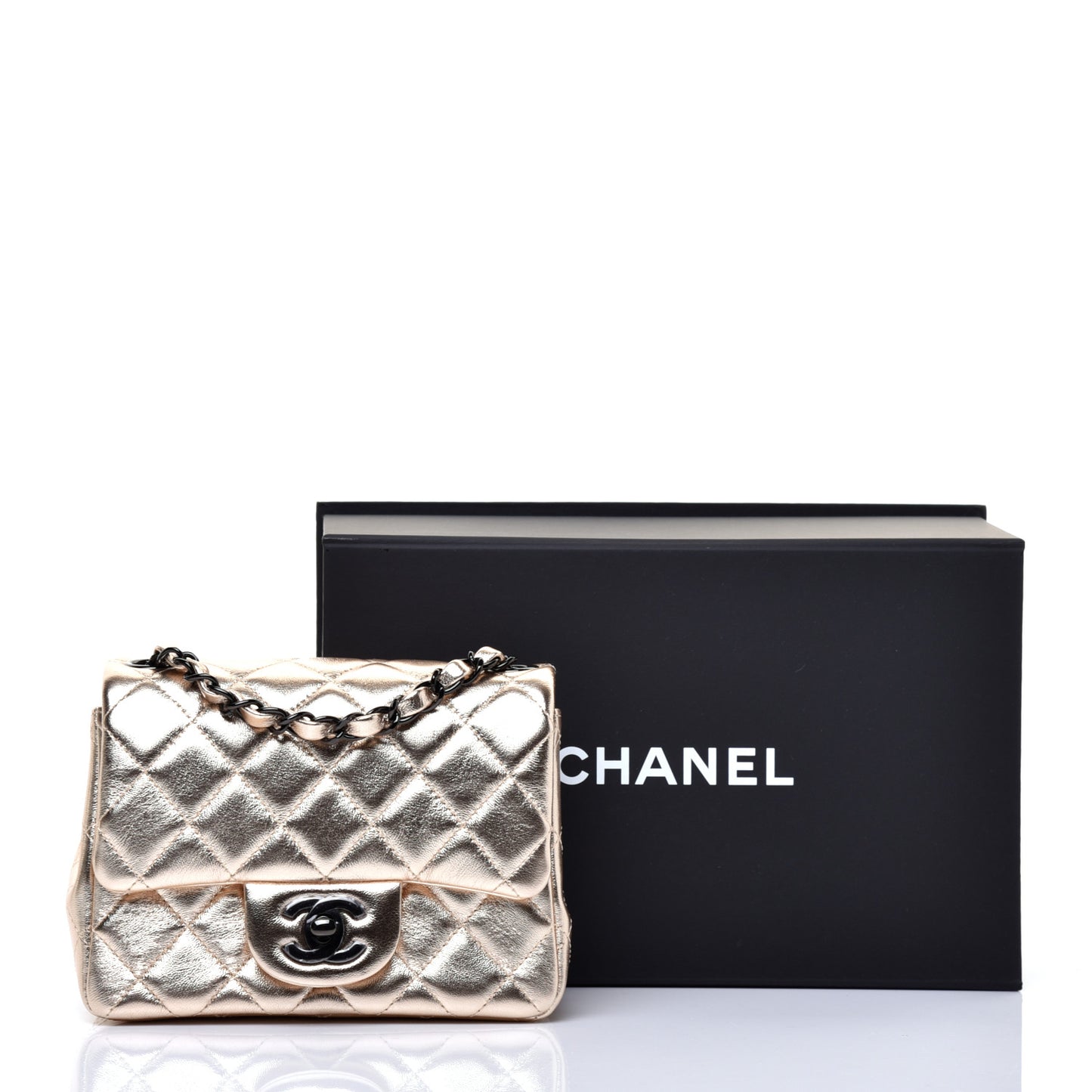 Metallic Lambskin Quilted Mini Square Flap Gold Black