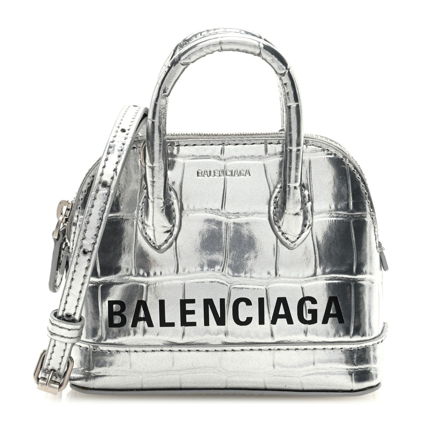 Metallic Calfskin Logo Crocodile Embossed Mini Ville Top Handle Bag Silver Black