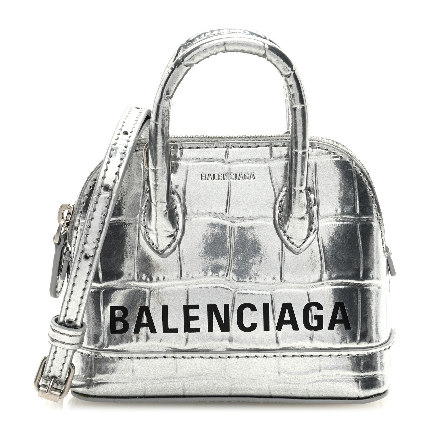 Balenciaga Metallic Calfskin Logo Crocodile Embossed Mini Ville Top Handle Bag Silver Black 1 of 9