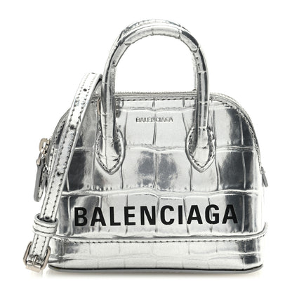 Balenciaga Metallic Calfskin Logo Crocodile Embossed Mini Ville Top Handle Bag Silver Black 1 of 9