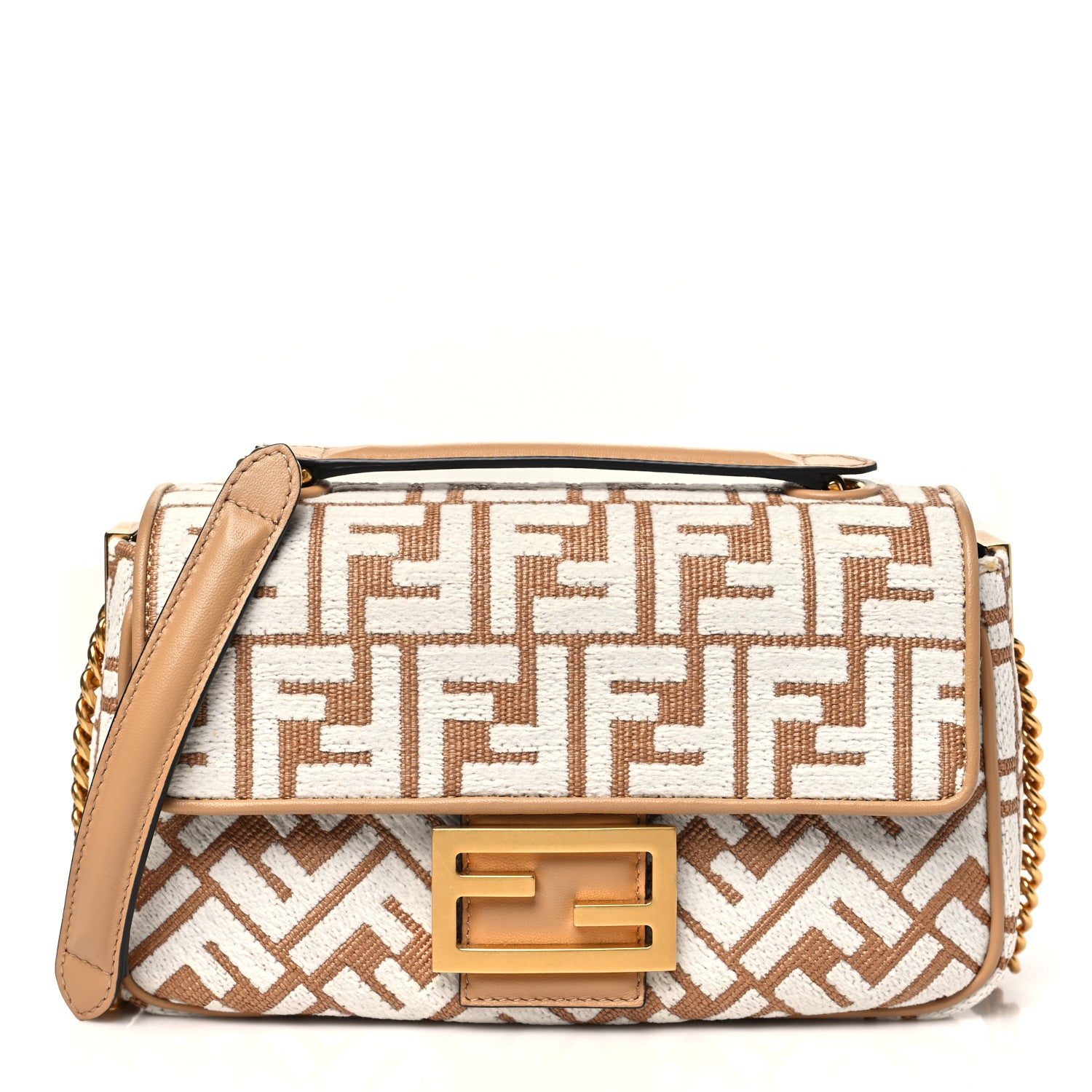 Fendi Raffia Chenille Vitello FF Midi Chain Baguette Naturale