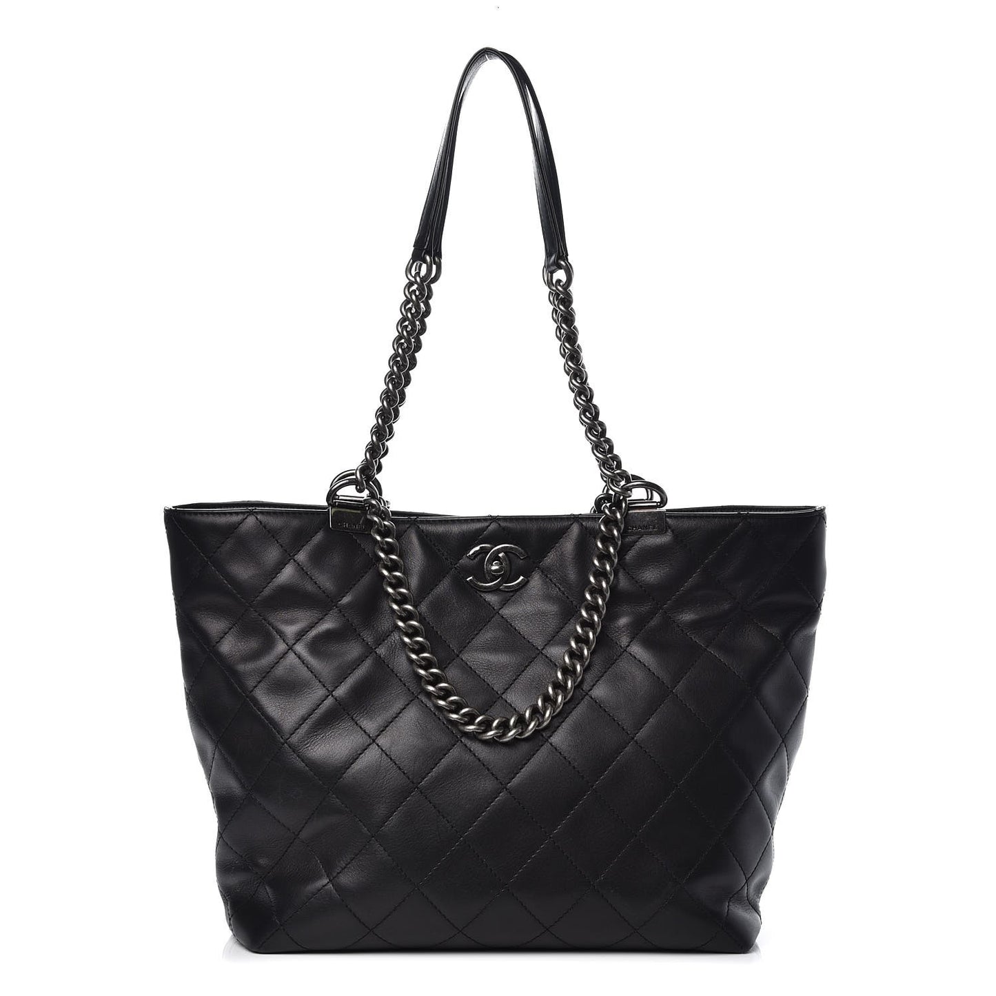 Calfskin Quilted Shopping In Chains Tote Black