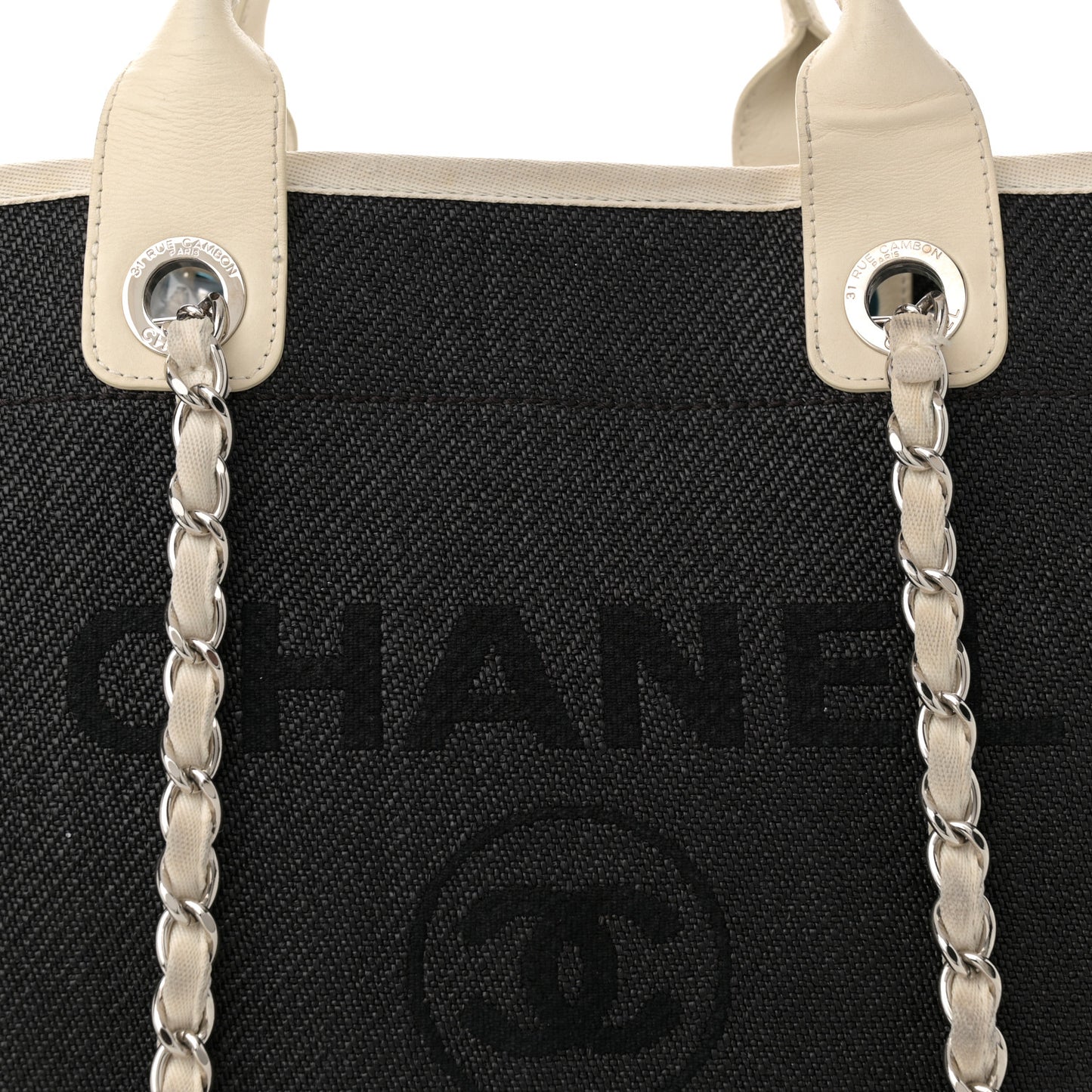 Woven Straw Raffia Medium Deauville Tote Black White