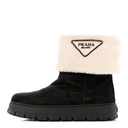 Prada Suede Shearling Logo Ankle Boots 39.5 Black 1 of 10