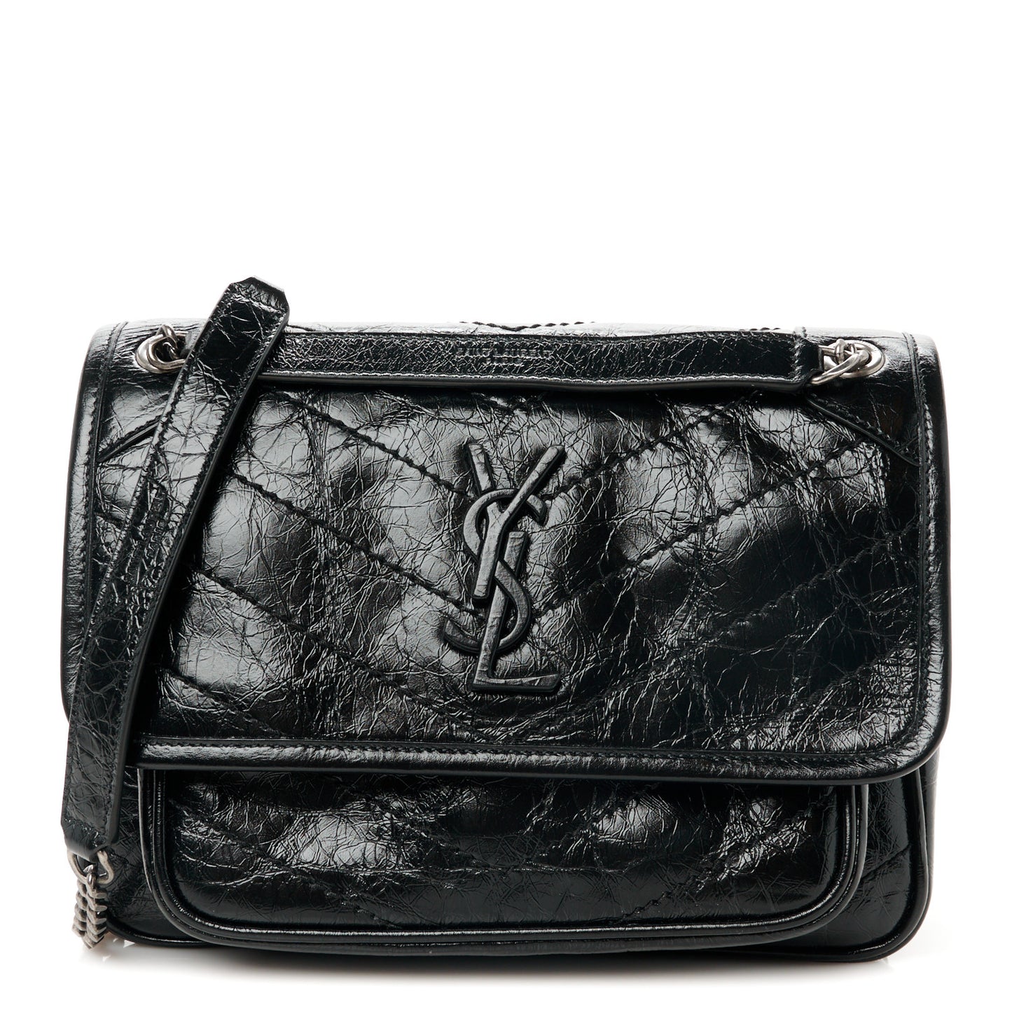 Crinkled Calfskin Matelasse Monogram Baby Niki Chain Satchel Black