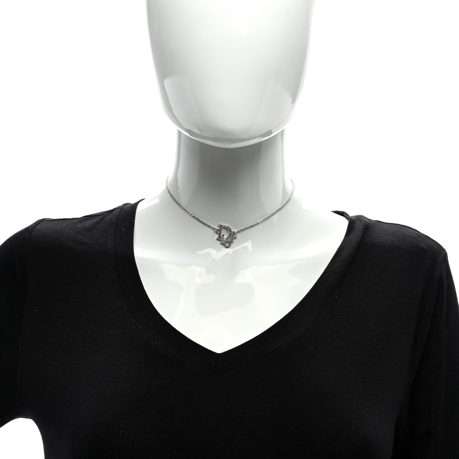 Christian Dior Metal Crystal Logo Choker Necklace Silver Pink 2 of 5