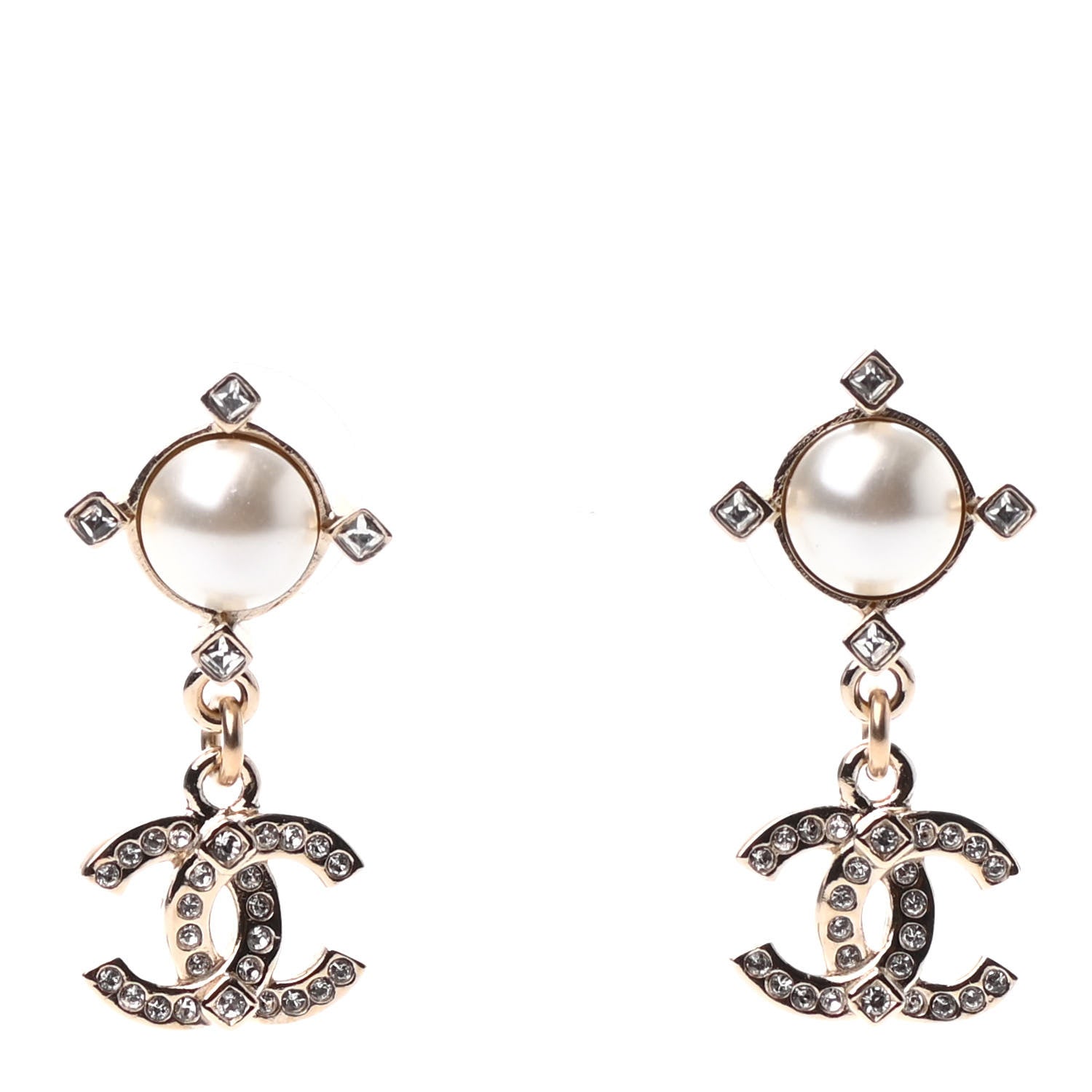 Chanel Crystal Pearl CC Drop Earrings Gold 1 of 4