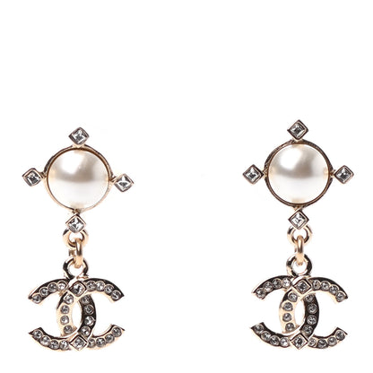 Chanel Crystal Pearl CC Drop Earrings Gold 1 of 4