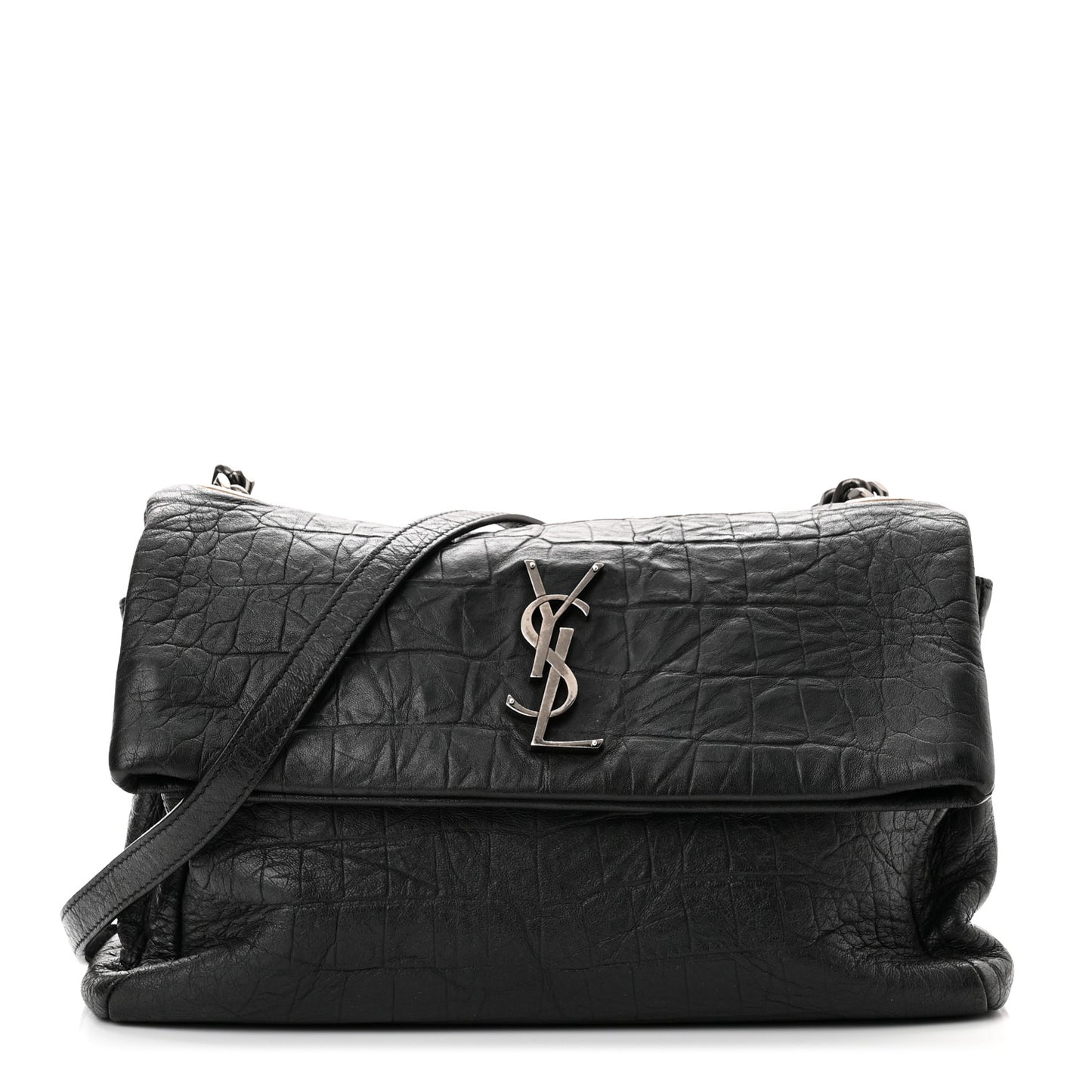 Calfskin Crocodile Embossed Medium West Hollywood Monogram Fold-Over Grey