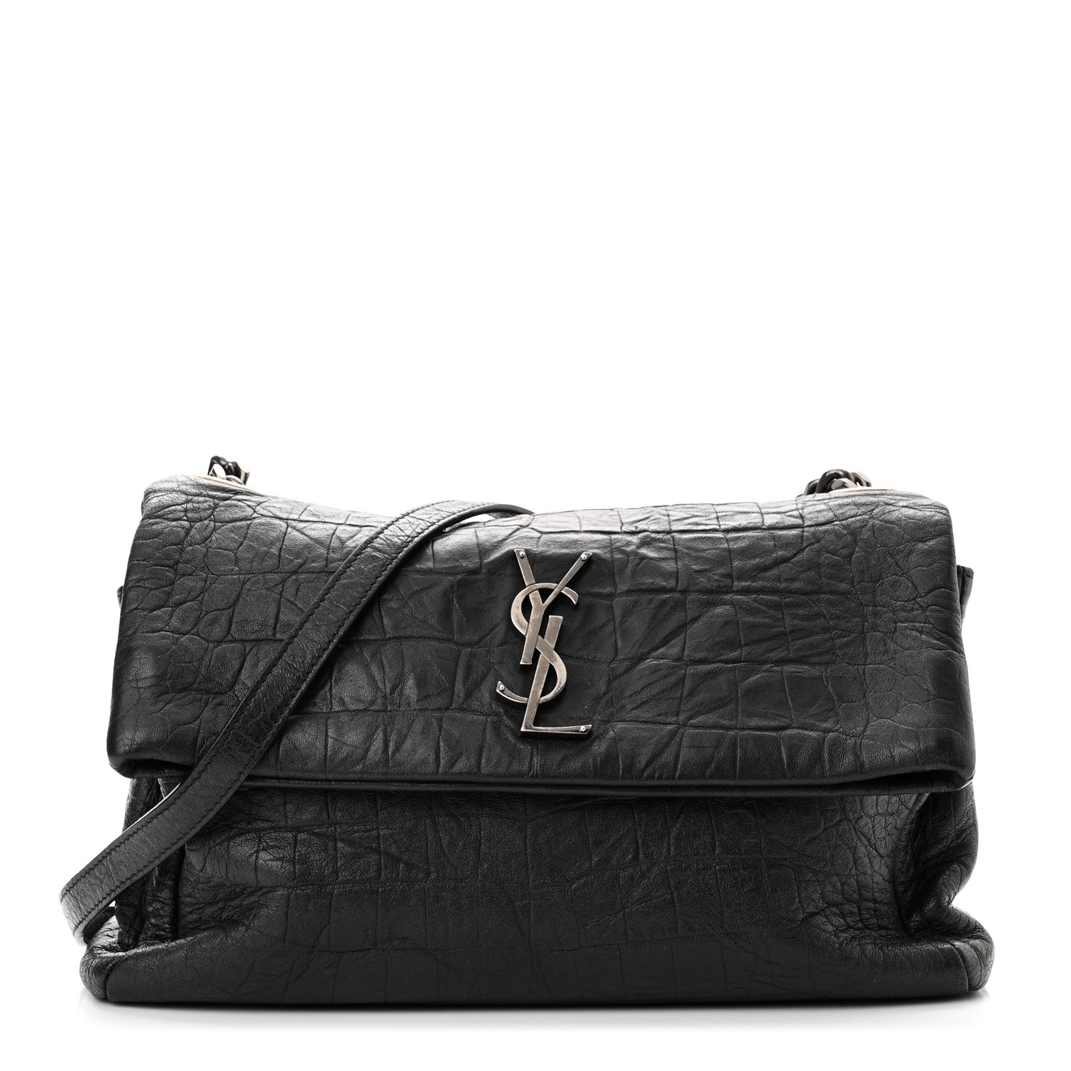 Saint Laurent Calfskin Crocodile Embossed Medium West Hollywood Monogram Fold-Over Grey 1 of 7
